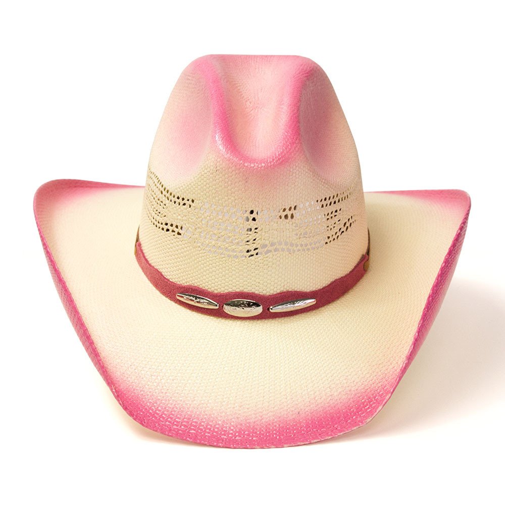 Straw Western Cattleman Hat with Pink Trim &amp; Silver Concho Hat Band