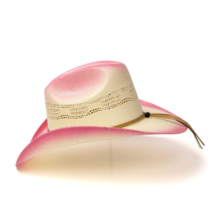 Straw Western Cattleman Hat with Pink Trim &amp; Silver Concho Hat Band