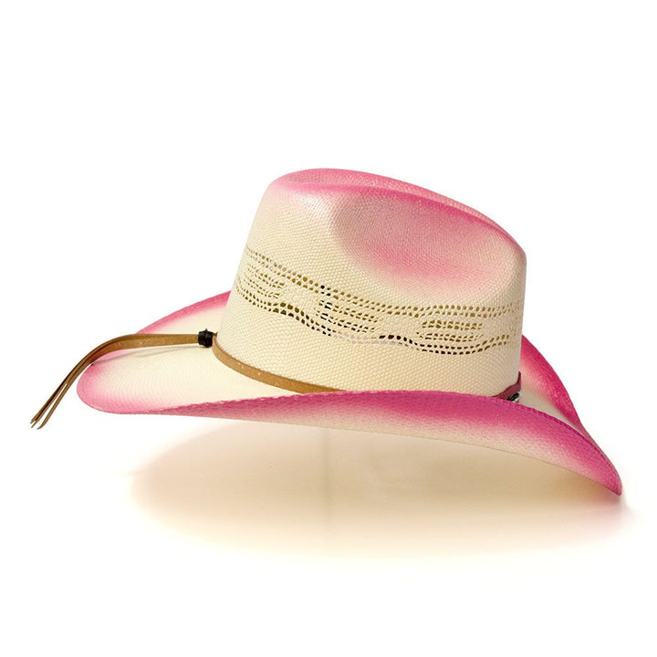 Straw Western Cattleman Hat with Pink Trim &amp; Silver Concho Hat Band