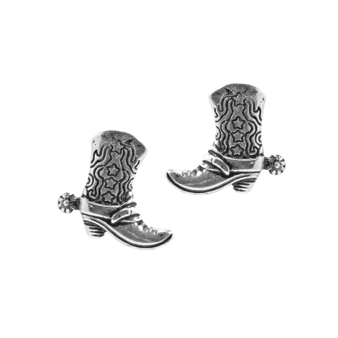 Western Cowboy Boot Stud Earrings - Silver Engraved Design