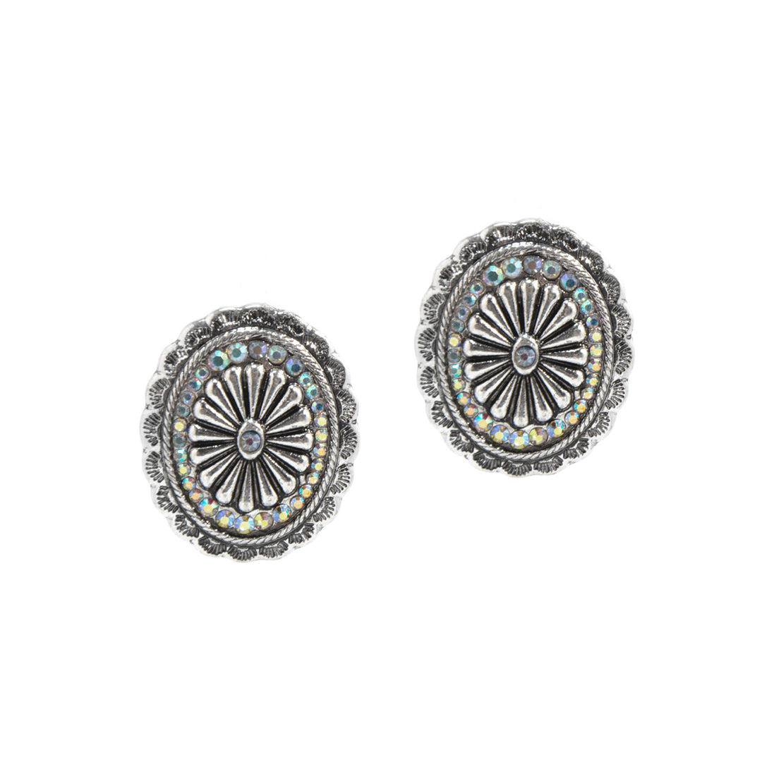 Western Concho Stud Earrings - Silver with Iridescent Accents