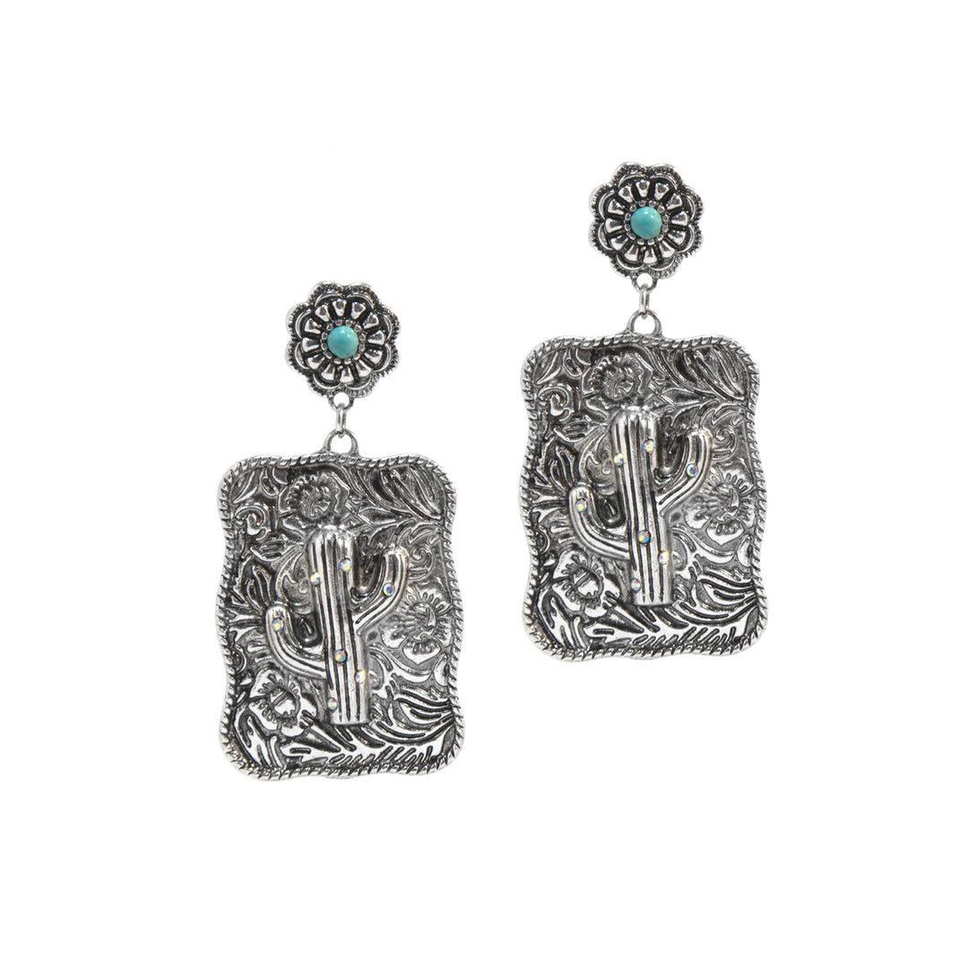 Western Cactus Dangle Earrings - Silver with Turquoise Flower Studs