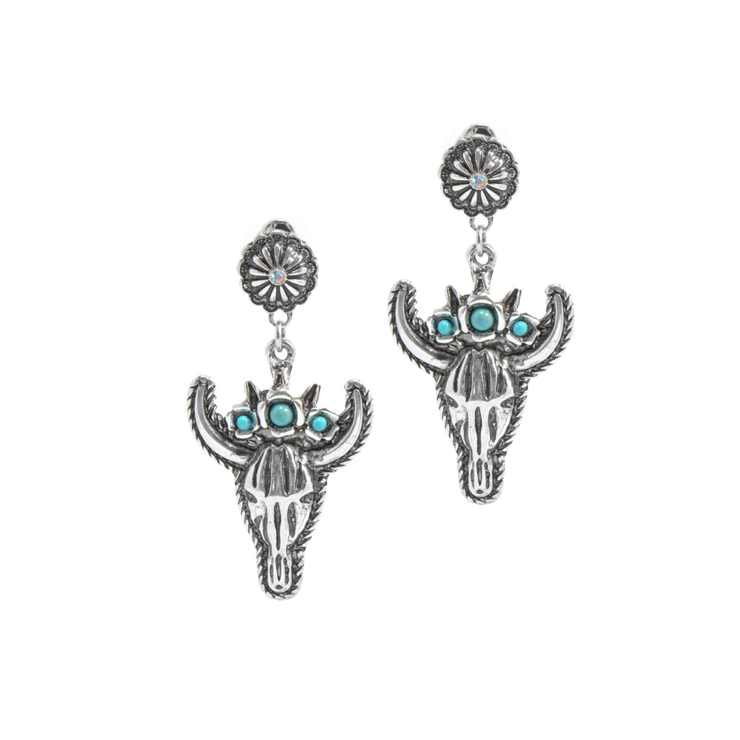 Western Bull Skull Dangle Earrings - Silver with Turquoise Accents
