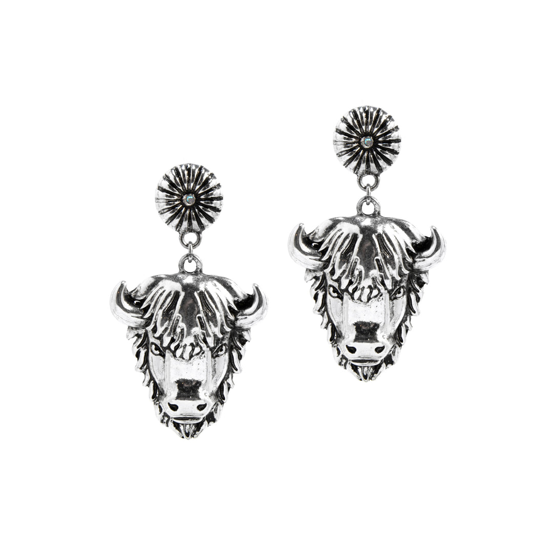 Western Buffalo Head Dangle Earrings - Silver Sunburst Studs