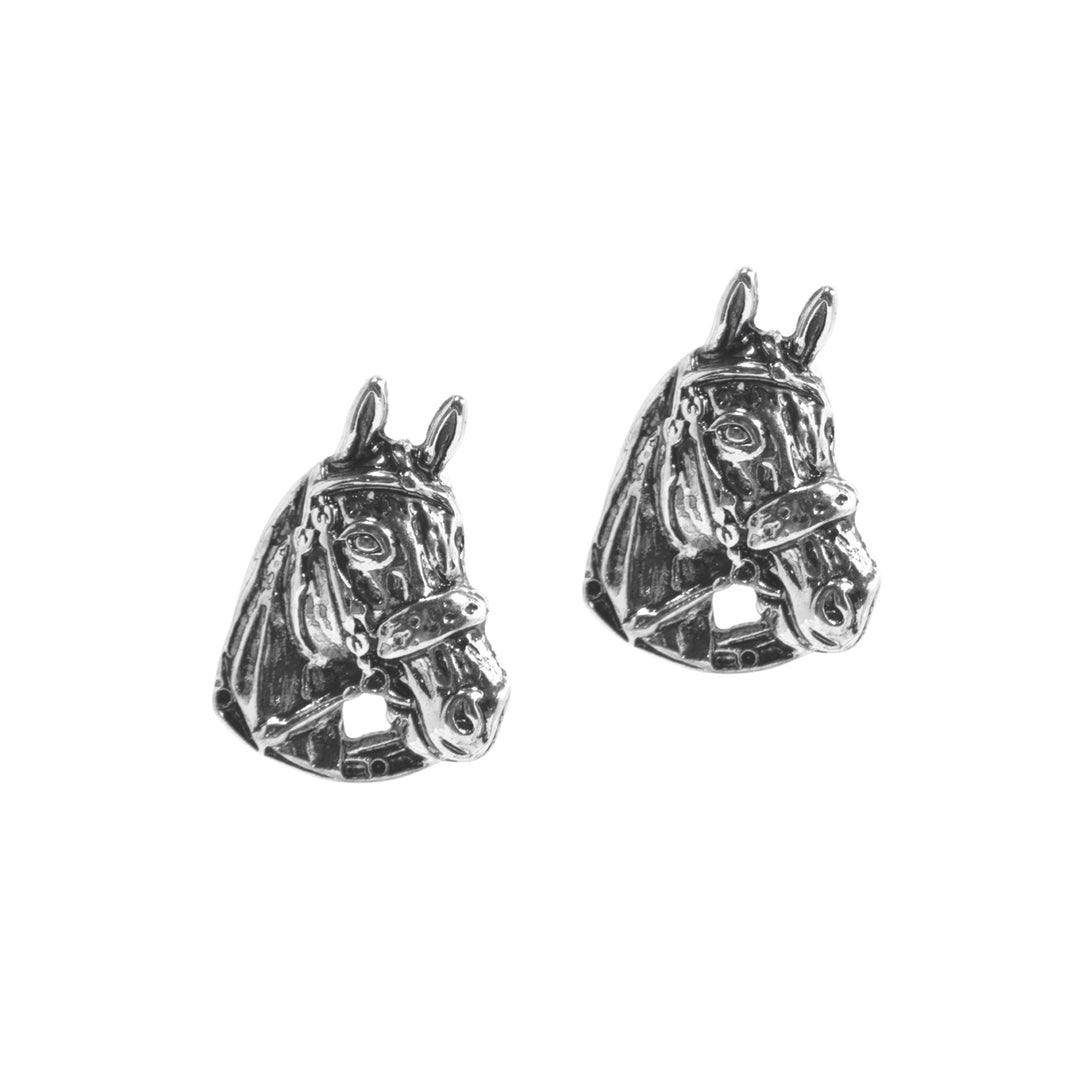 Western Horse Head Stud Earrings - Silver Engraved Design