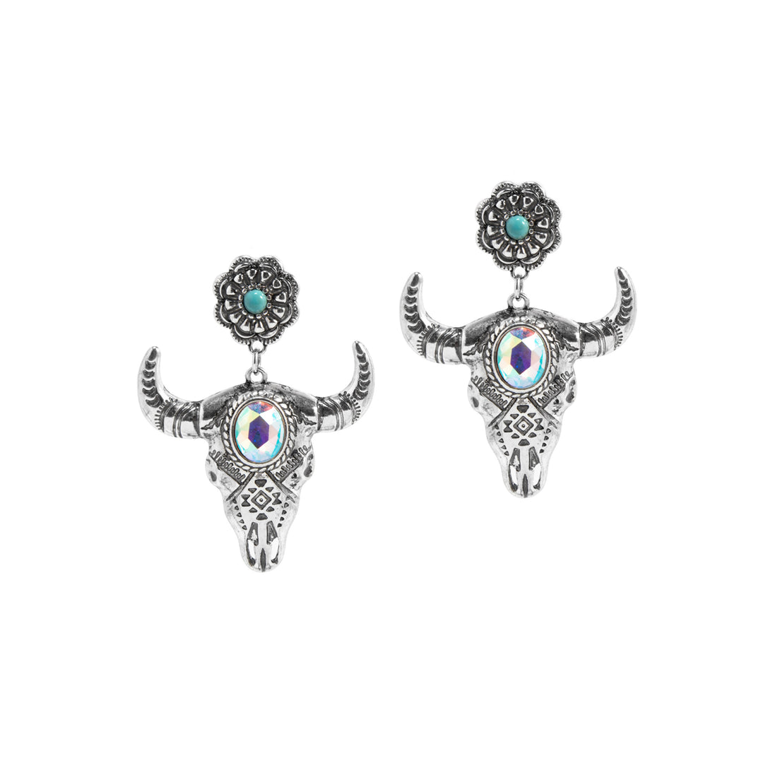 Western Bull Skull Dangle Earrings - Silver with Turquoise &amp; Gemstone Detail