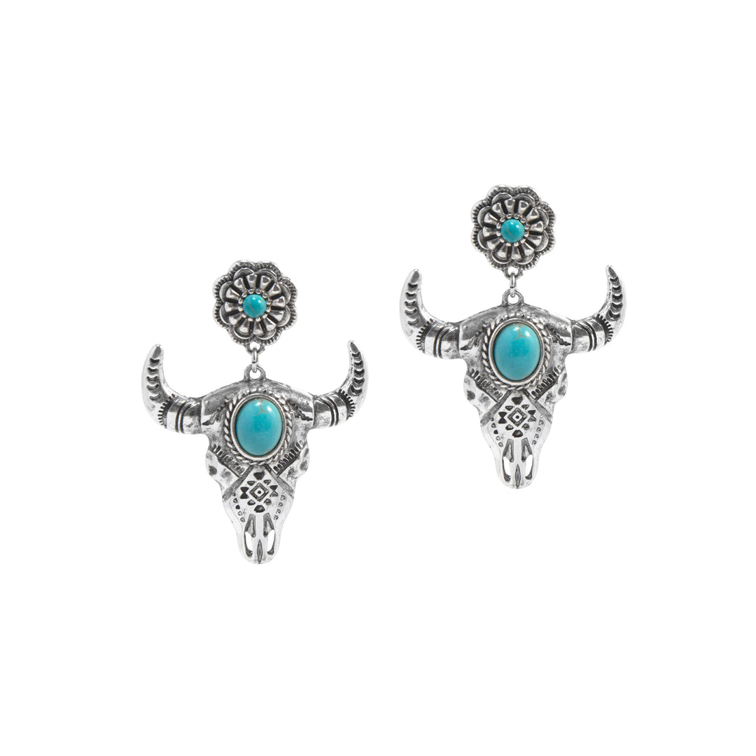 Western Bull Skull Dangle Earrings - Silver with Turquoise Stone