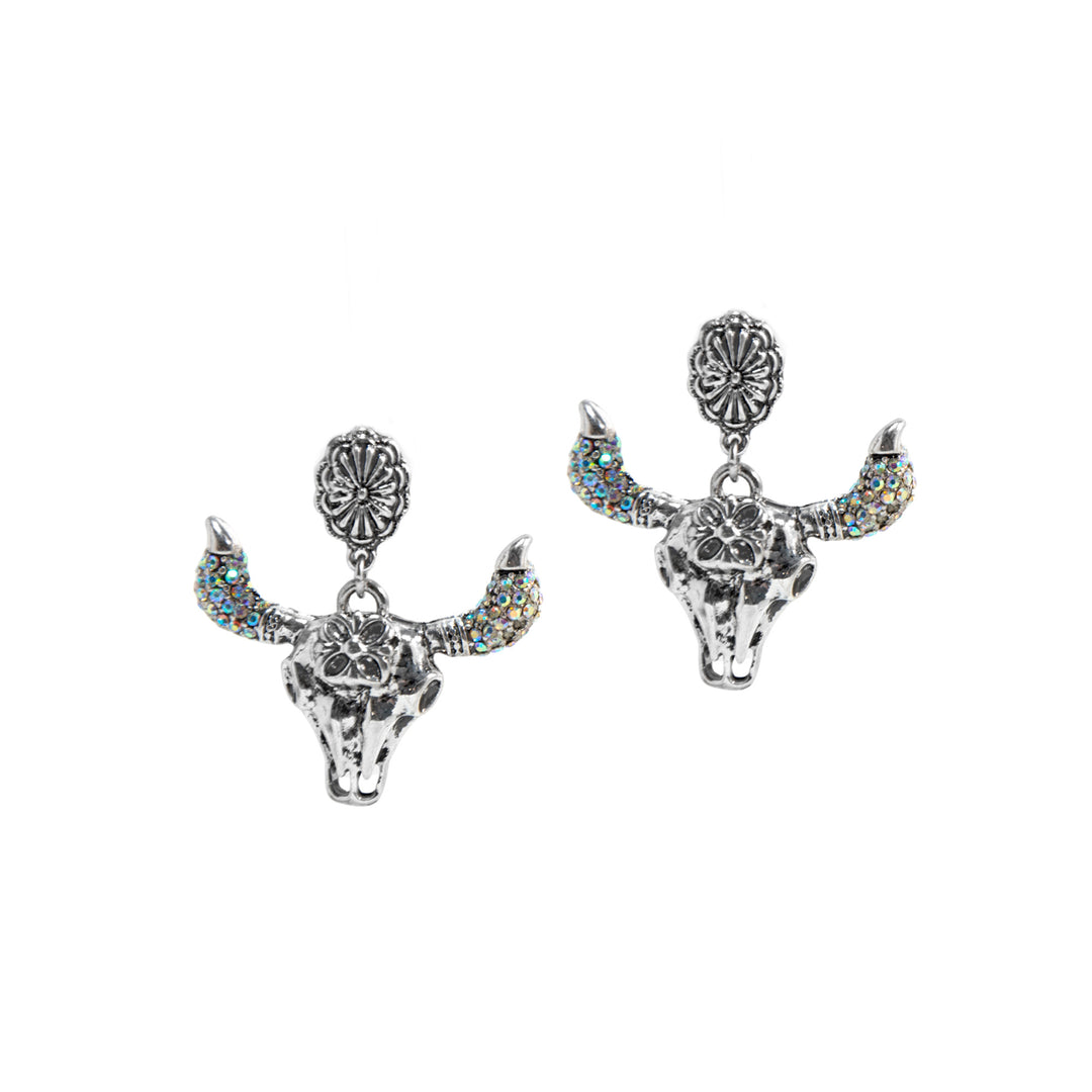 Western Bull Skull Rhinestone Earrings - Silver with Floral Detail