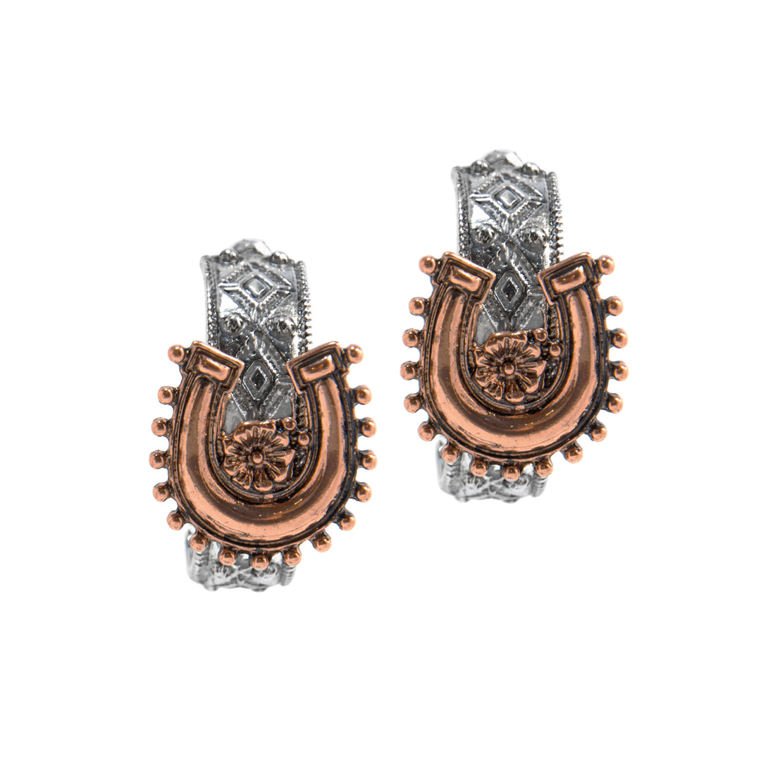 Western Horseshoe Ear Cuff Earrings - Silver Engraved with Copper Accents