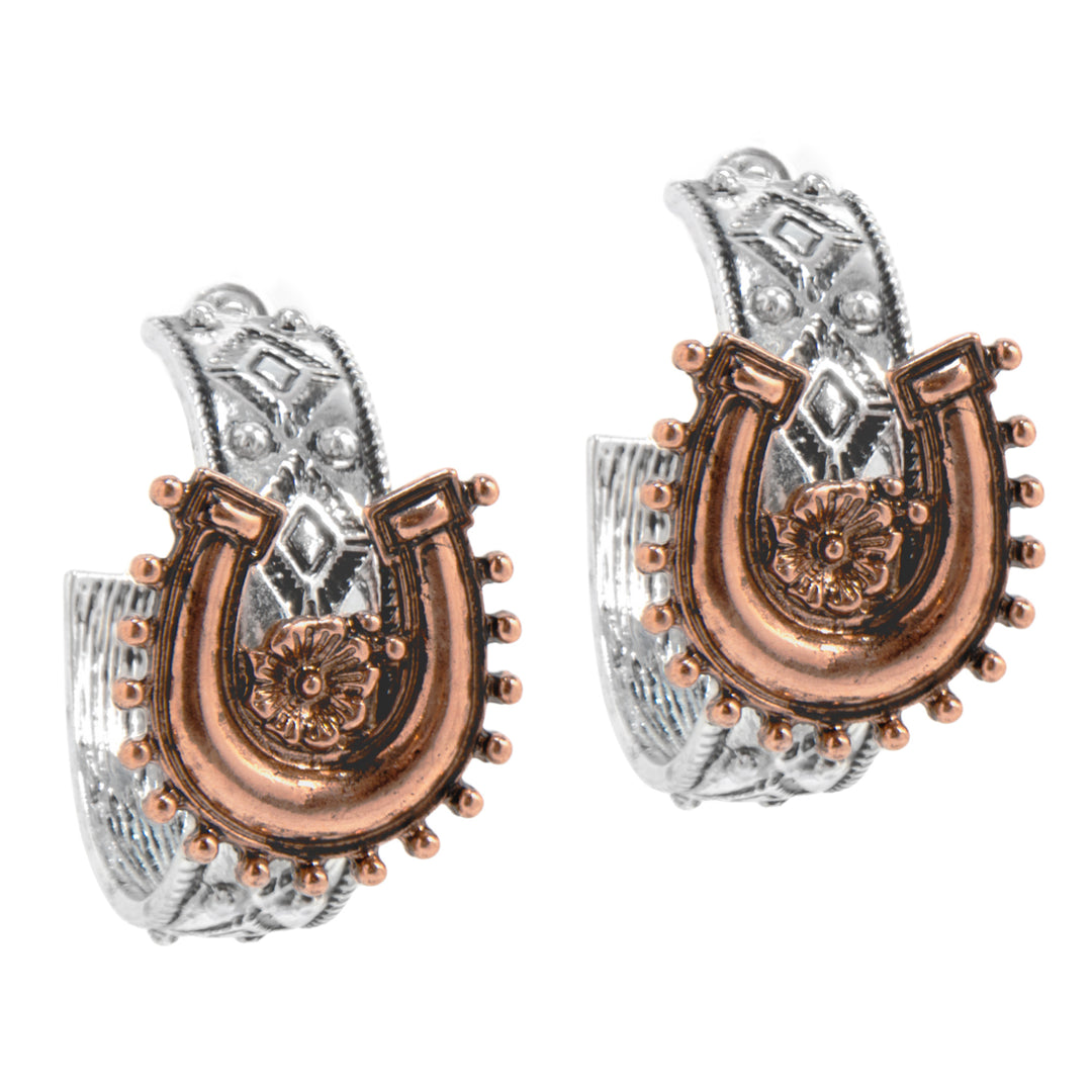 Western Horseshoe Ear Cuff Earrings - Silver Engraved with Copper Accents
