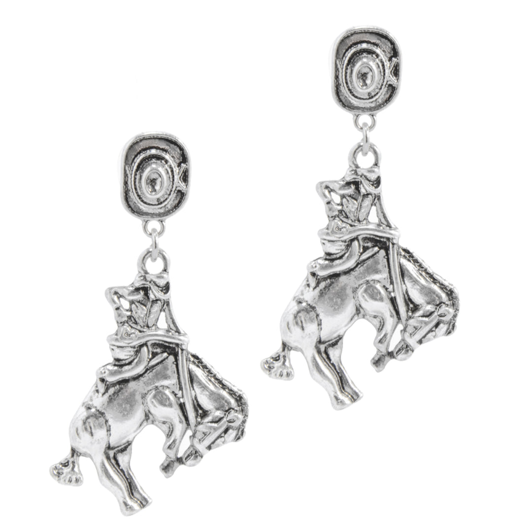 Western Bronc Rider Dangle Earrings - Silver Rodeo Design