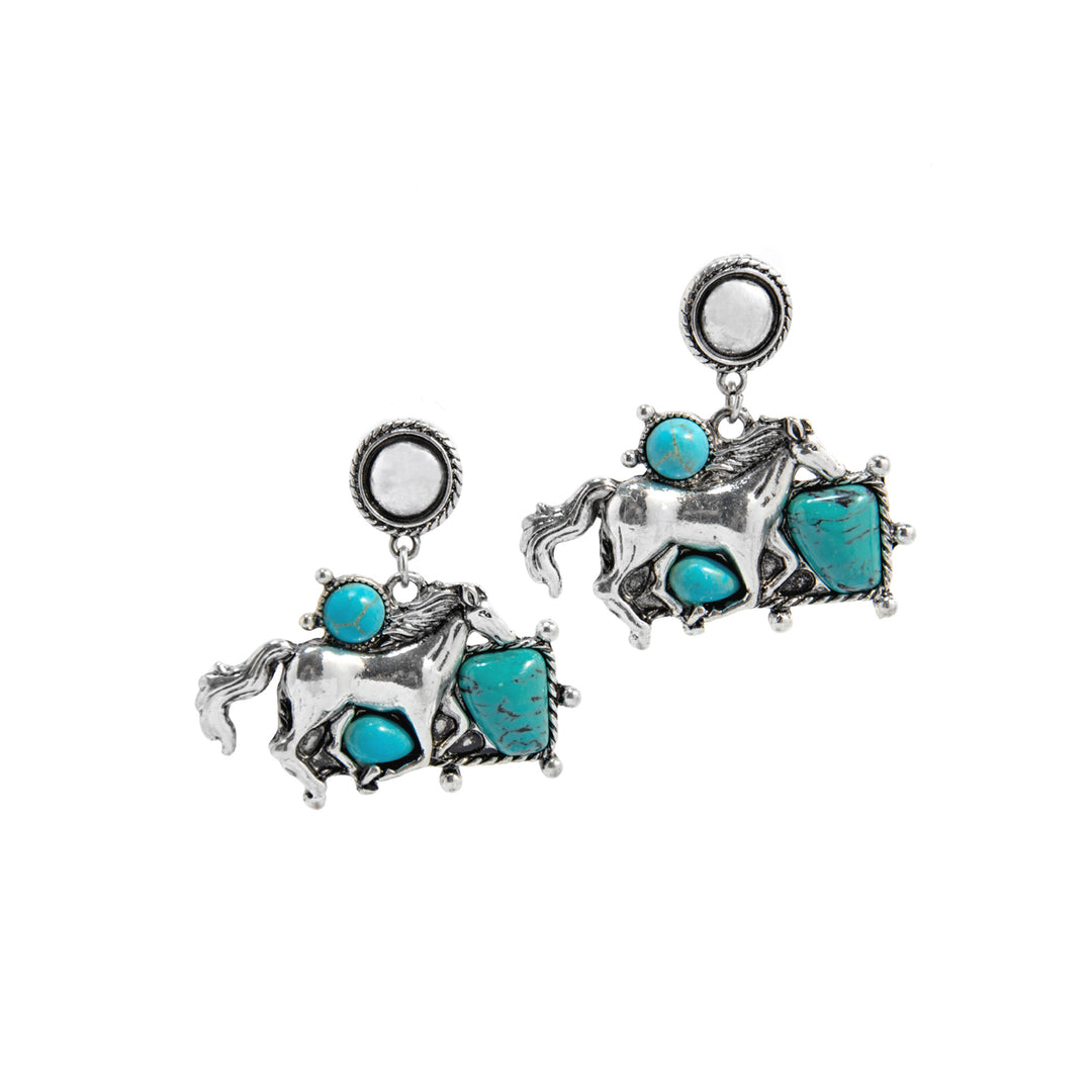 Western Running Horse Dangle Earrings - Silver with Turquoise Stones