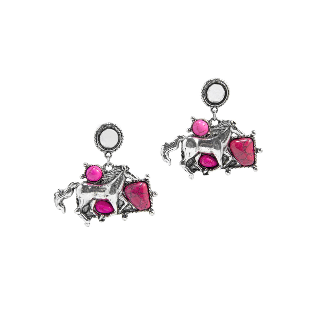 Western Running Horse Dangle Earrings - Silver with Pink Stones