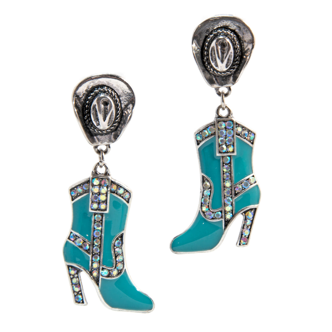 Western Cowboy Boot Dangle Earrings - Silver with Turquoise &amp; Rhinestones