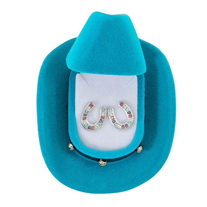 Multi-Color Rhinestone Horseshoe Earrings in Cowboy Hat Gift Box