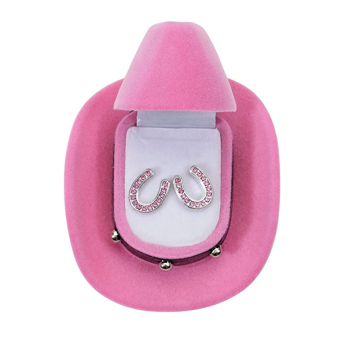 Pink Rhinestone Horseshoe Earrings in Cowboy Hat Gift Box