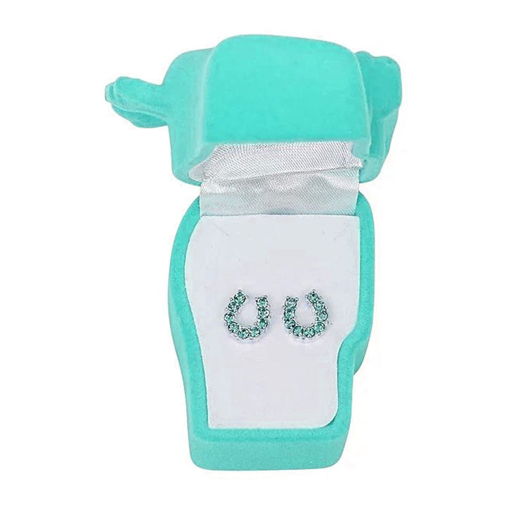 Aqua Rhinestone Horseshoe Earrings in Pony Head Gift Box