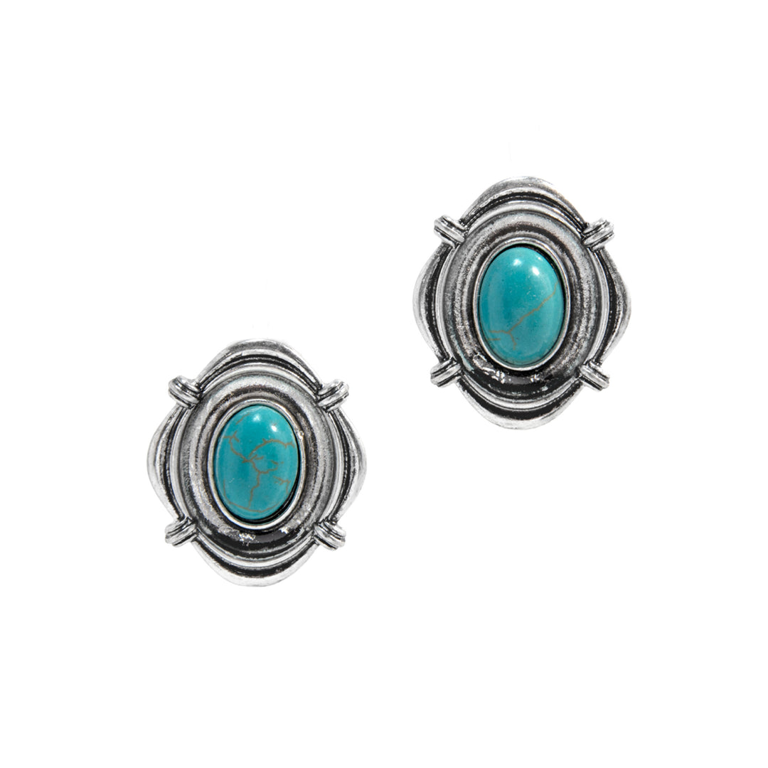 Western Turquoise Concho Stud Earrings - Silver Oval Design