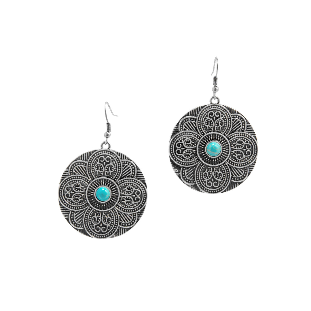 Western Round Concho Dangle Earrings - Silver Engraved with Turquoise Center