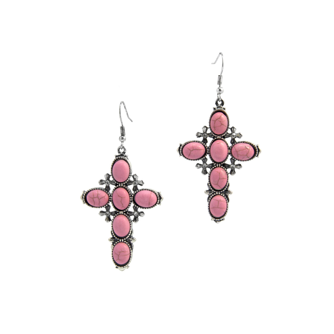 Western Cross Dangle Earrings - Silver with Pink Stones