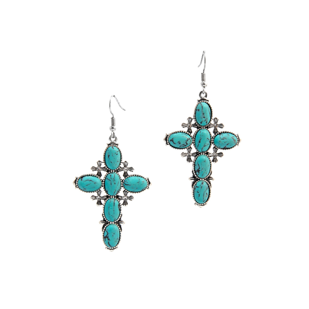 Western Cross Dangle Earrings - Silver with Turquoise Stones