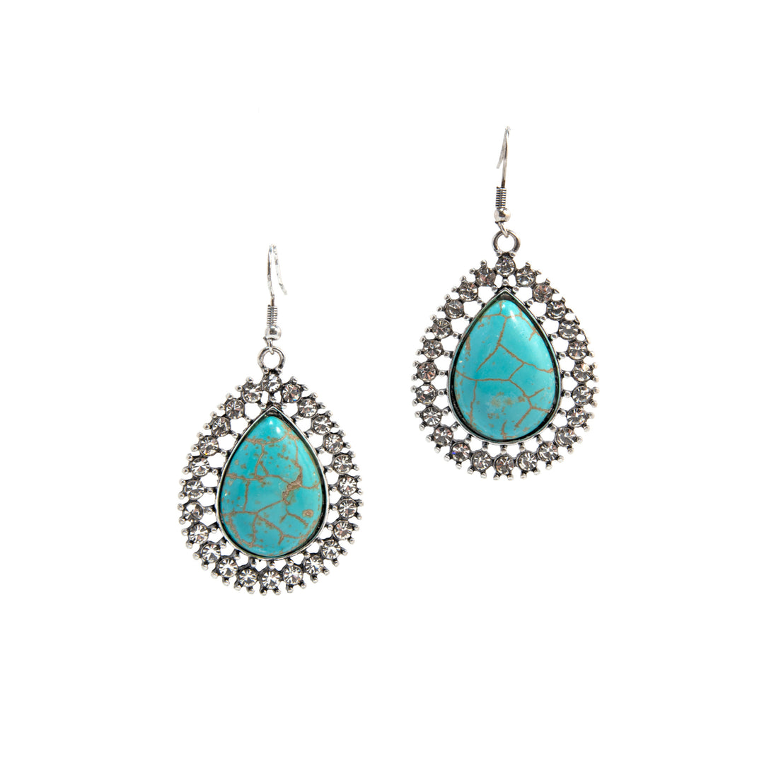 Western Teardrop Dangle Earrings - Silver with Turquoise &amp; Rhinestones