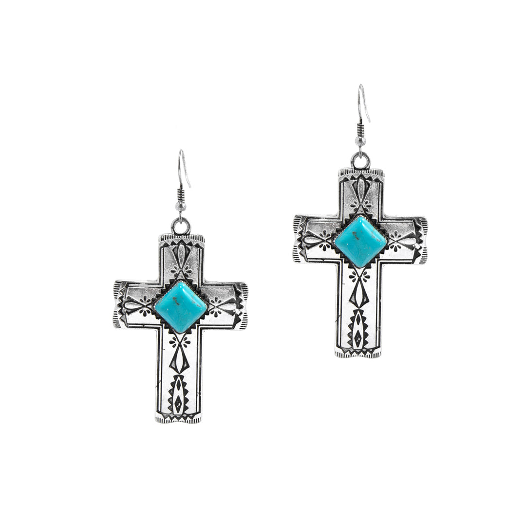 Western Cross Dangle Earrings - Silver Engraved with Turquoise Stone