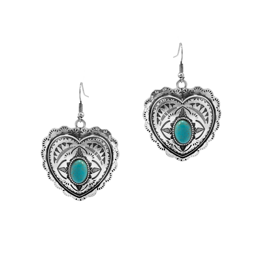 Western Heart Concho Dangle Earrings - Silver Engraved with Turquoise Stone