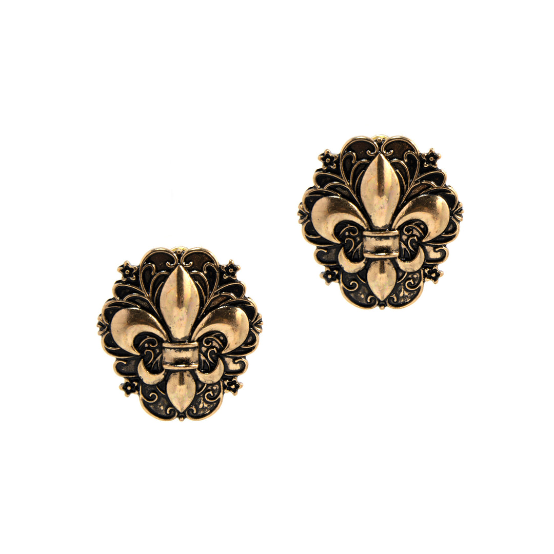 Western Fleur-de-Lis Stud Earrings - Antique Gold &amp; Silver