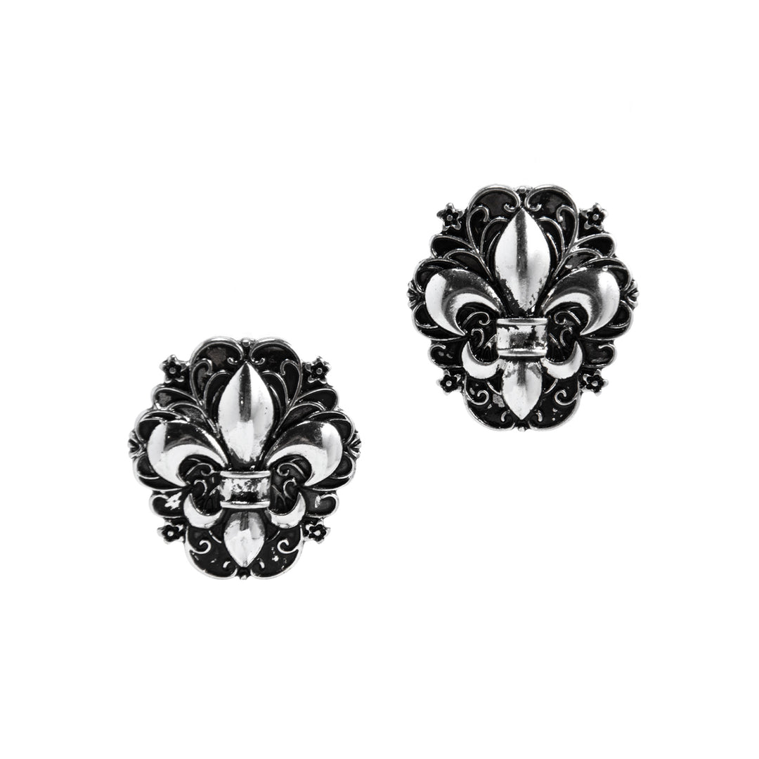 Western Fleur-de-Lis Stud Earrings - Antique Silver