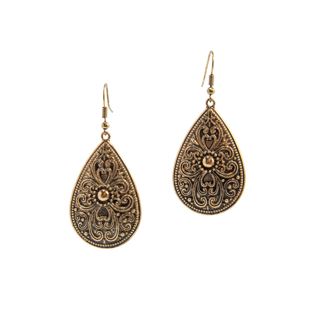 Western Engraved Teardrop Dangle Earrings - Antique Gold Finish
