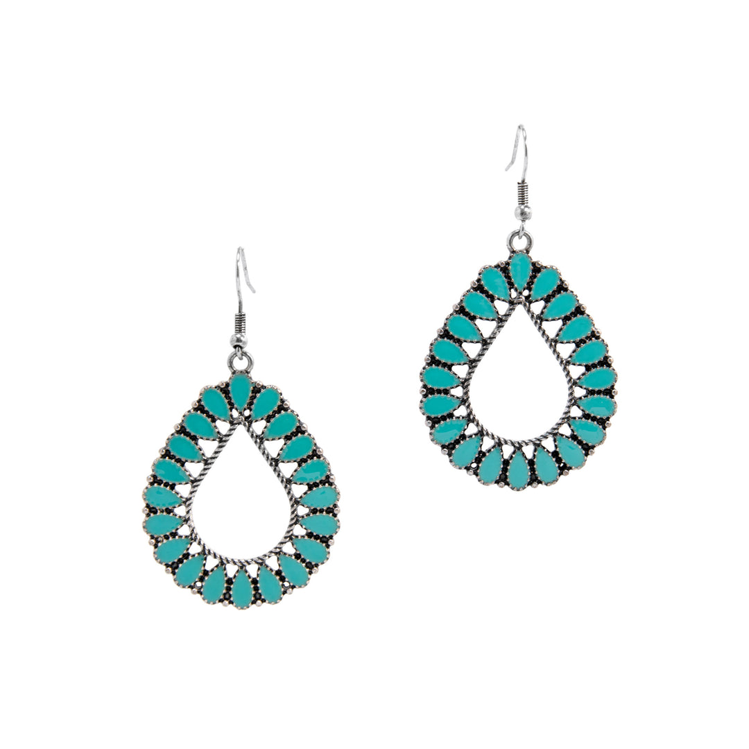 Western Turquoise Teardrop Dangle Earrings - Silver with Stone Border