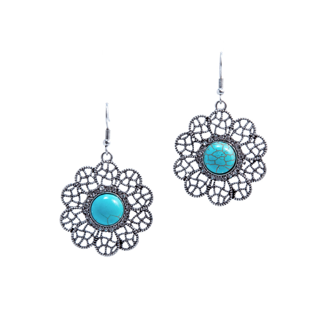 Western Floral Concho Dangle Earrings - Silver with Turquoise Center