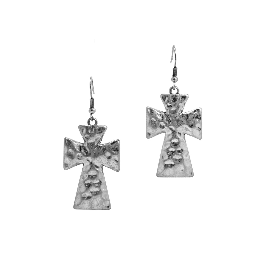 Hammered Cross Dangle Earrings - Silver Western Style