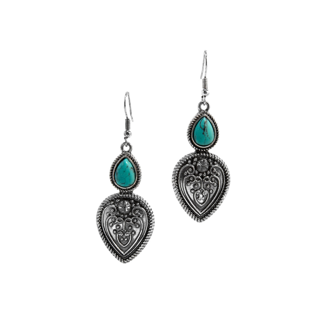 Western Turquoise Teardrop &amp; Heart Dangle Earrings - Silver Engraved