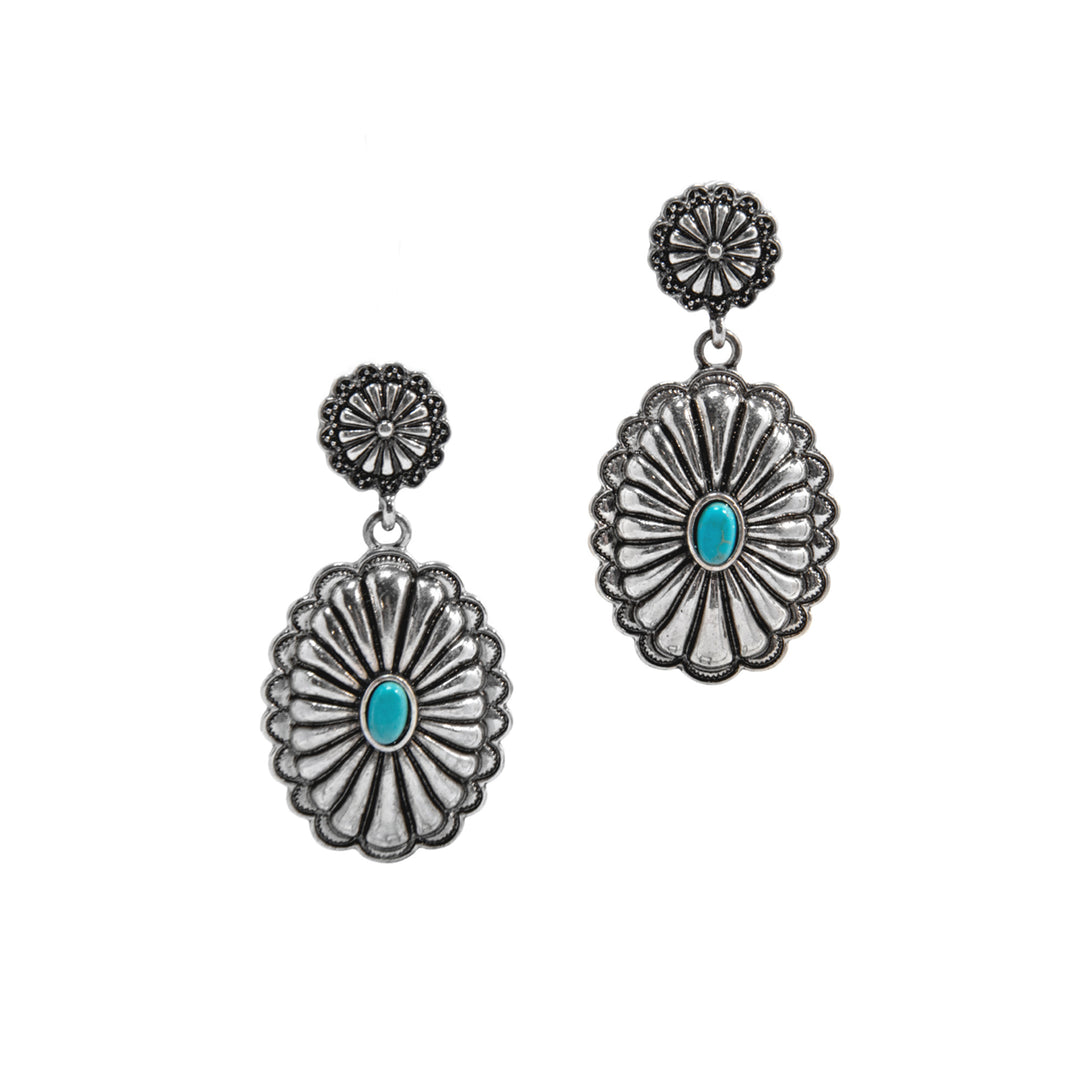 Western Oval Concho Dangle Earrings - Silver with Turquoise Stone