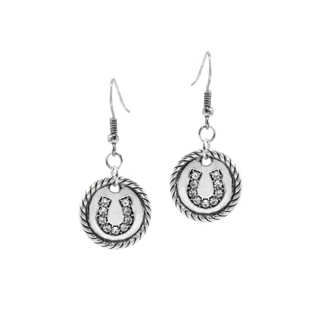 Western Horseshoe Dangle Earrings - Silver with Rhinestones