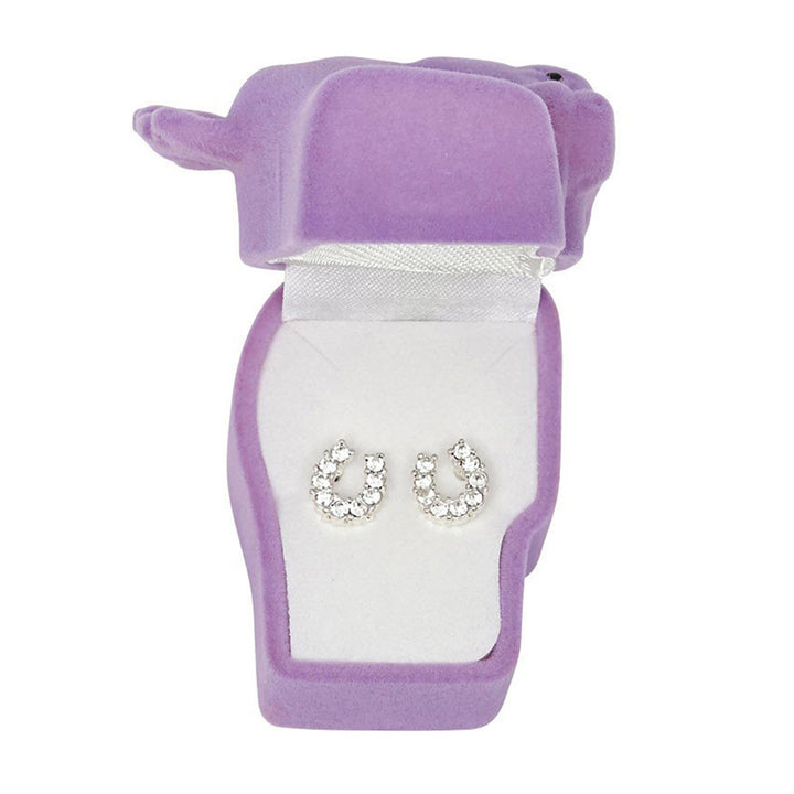Clear Rhinestone Horseshoe Earrings in Pony Head Gift Box