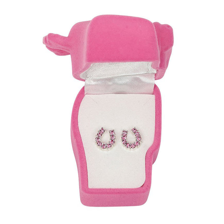 Pink Rhinestone Horseshoe Earrings in Pony Head Gift Box