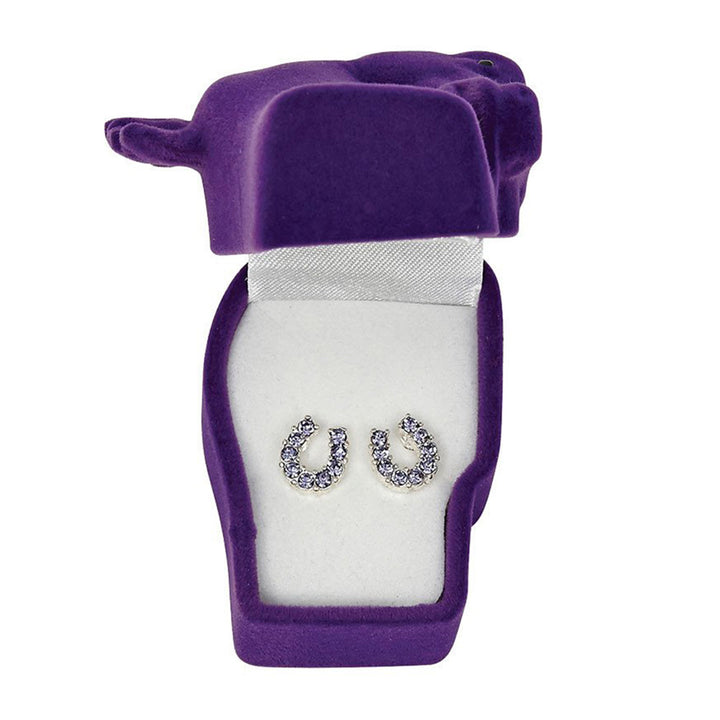 Purple Rhinestone Horseshoe Earrings in Pony Head Gift Box