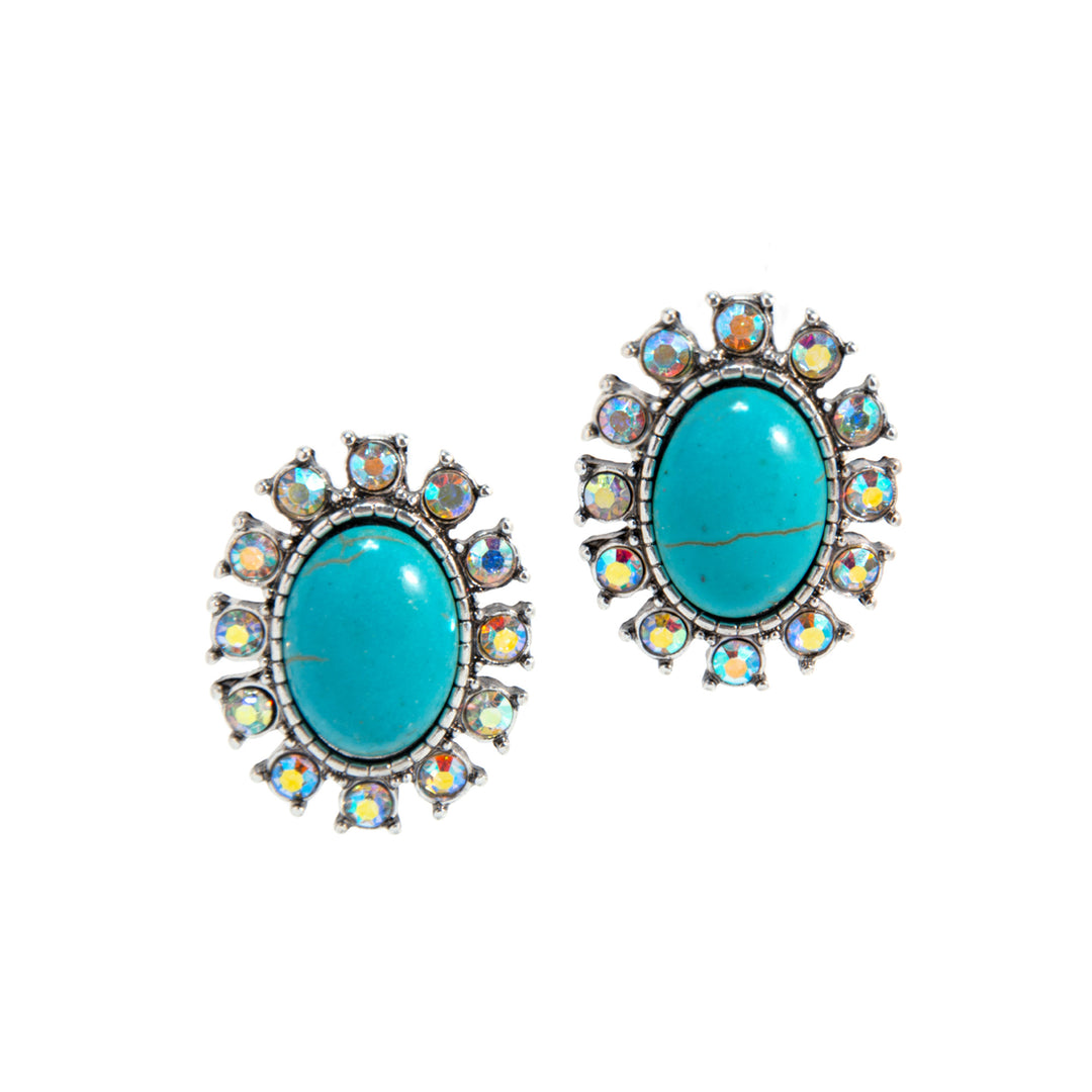 Western Oval Turquoise Stud Earrings - Silver with Iridescent Rhinestones