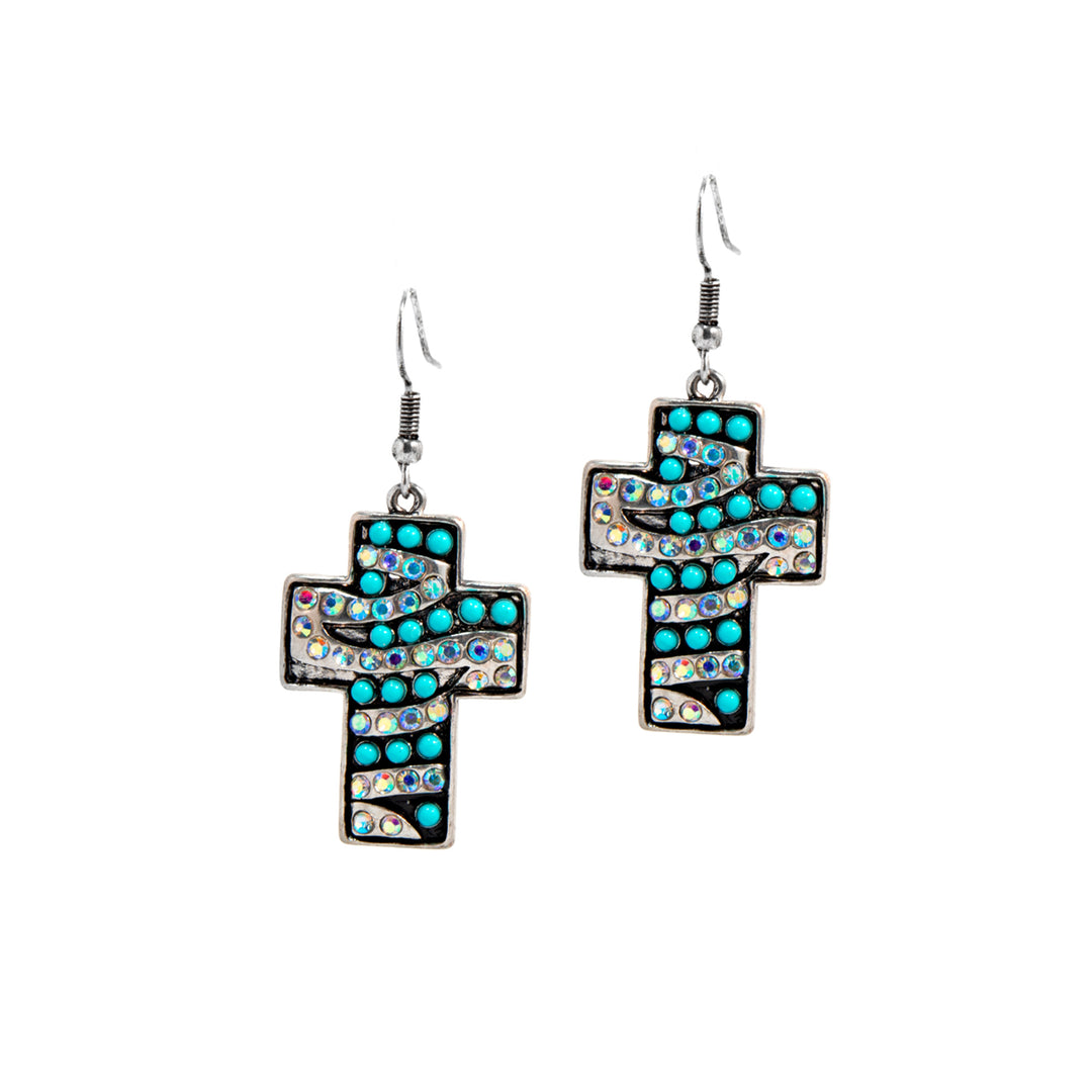 Western Mosaic Cross Dangle Earrings - Turquoise &amp; Iridescent Rhinestones