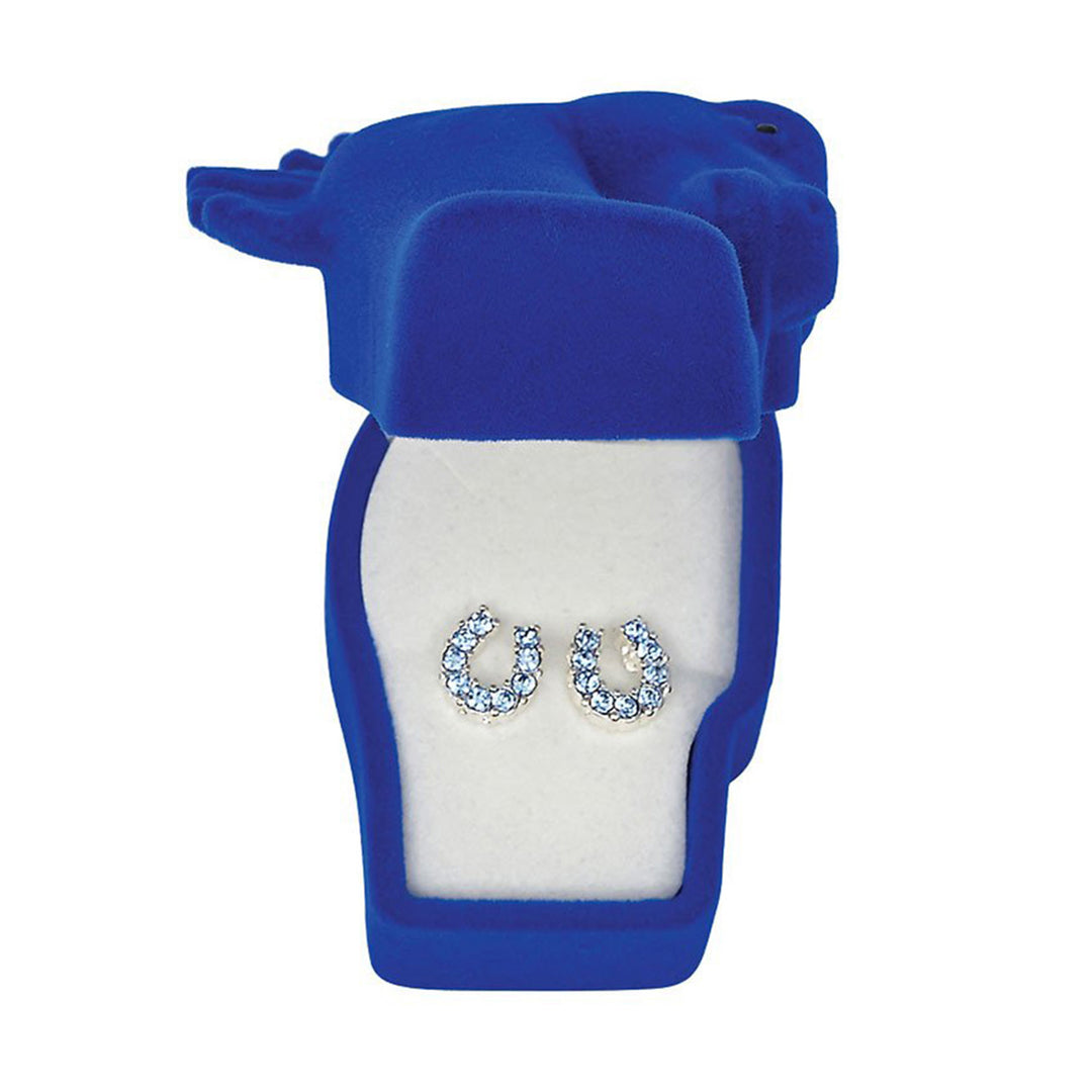 Blue Rhinestone Horseshoe Earrings in Pony Head Gift Box