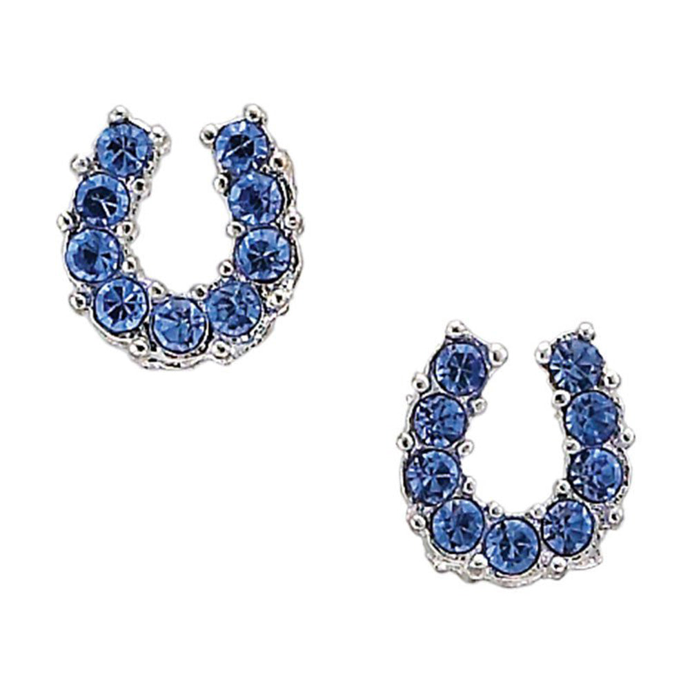 Blue Rhinestone Horseshoe Earrings in Pony Head Gift Box