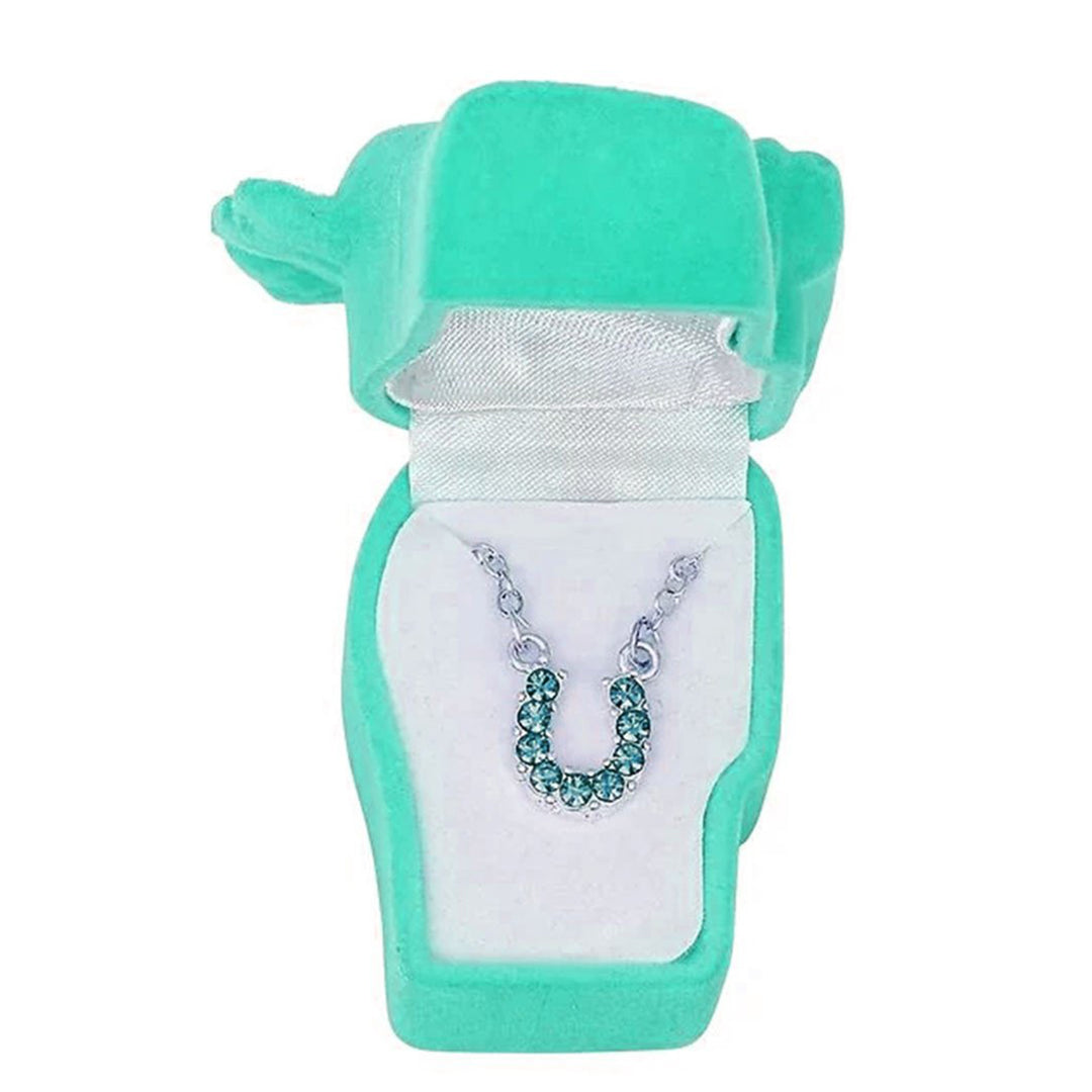 Aqua Rhinestone Horseshoe Necklace in Pony Head Gift Box