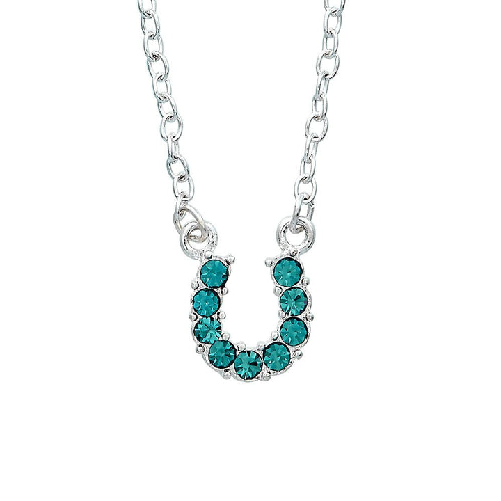 Aqua Rhinestone Horseshoe Necklace in Pony Head Gift Box