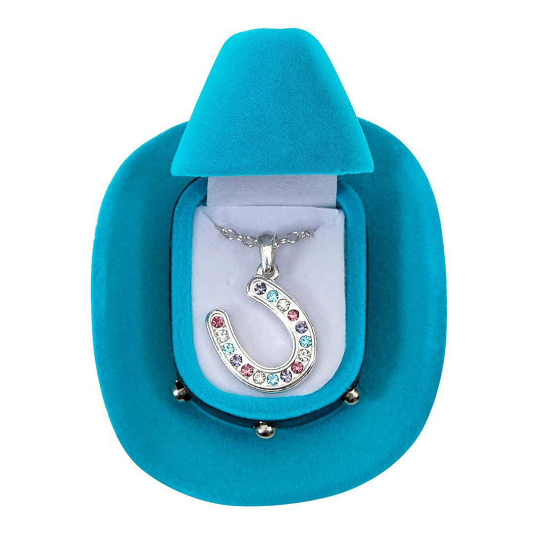 Multi-Color Rhinestone Horseshoe Necklace in Cowboy Hat Gift Box