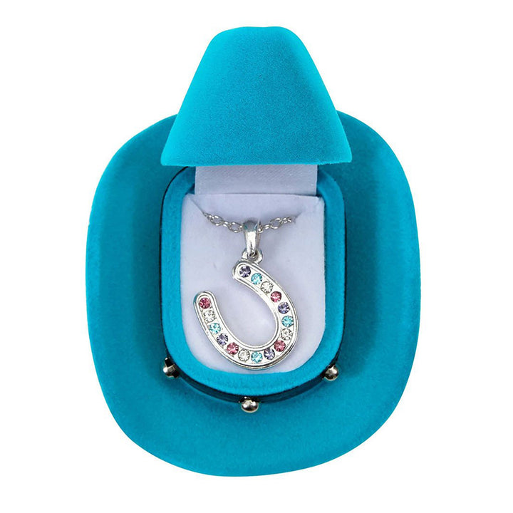 Multi-Color Rhinestone Horseshoe Necklace in Cowboy Hat Gift Box
