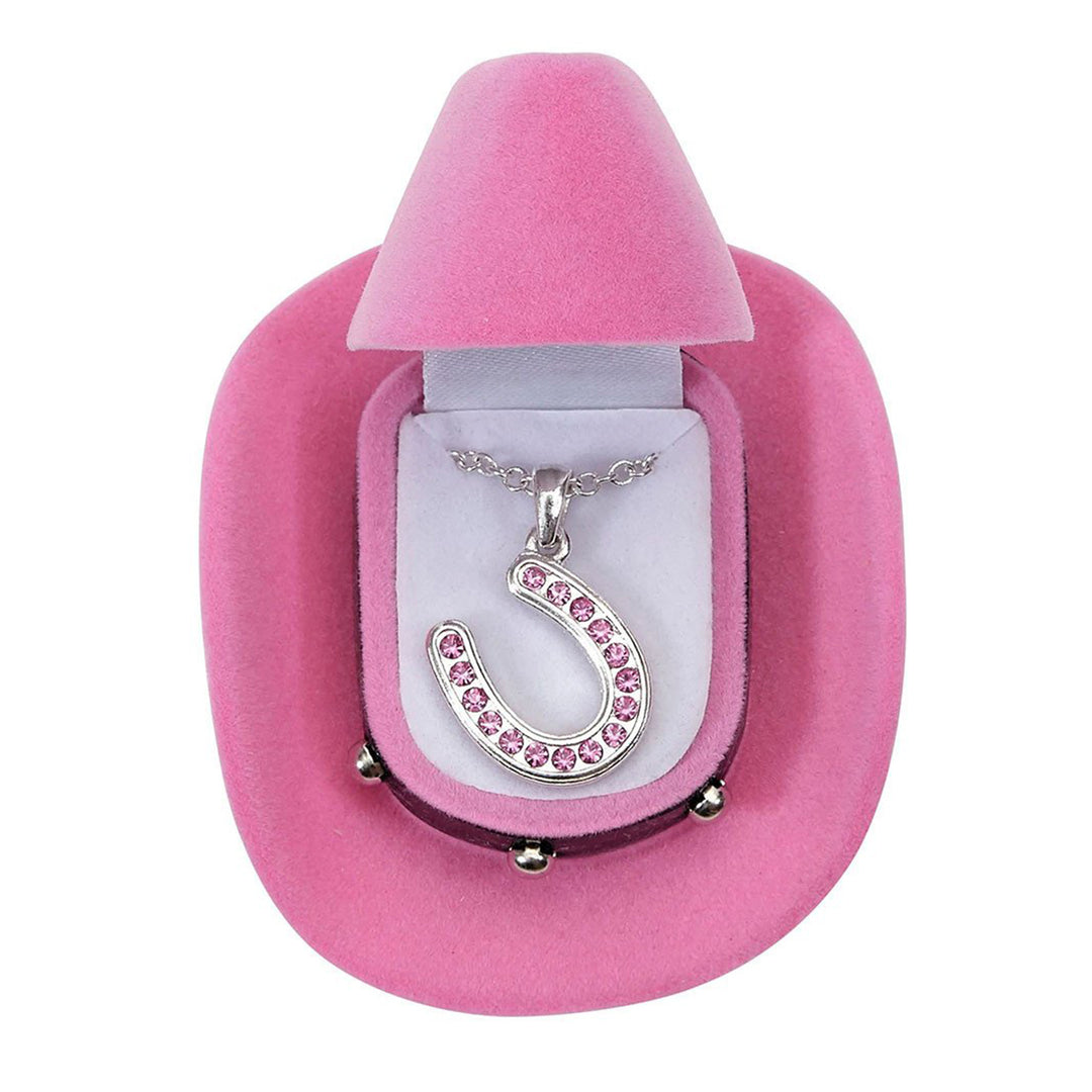 Pink Rhinestone Horseshoe Necklace in Cowboy Hat Gift Box