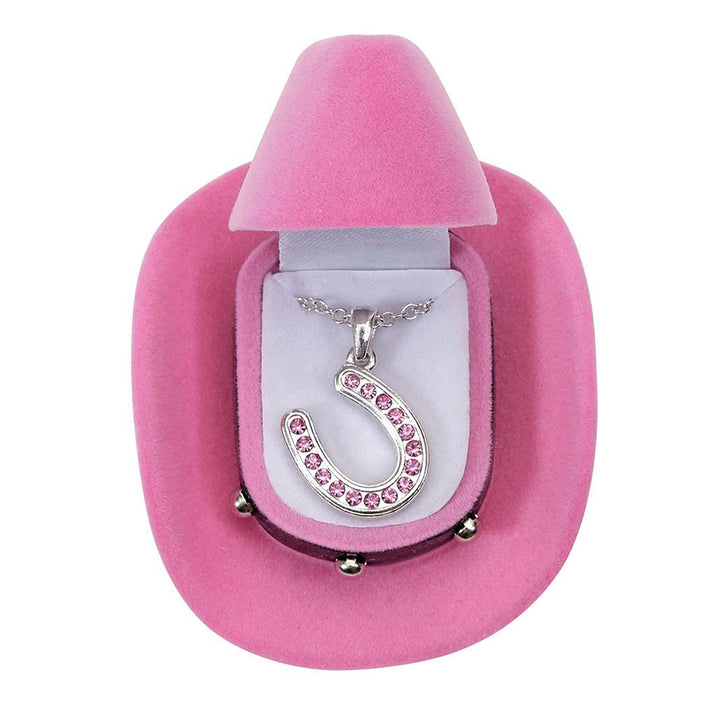 Pink Rhinestone Horseshoe Necklace in Cowboy Hat Gift Box